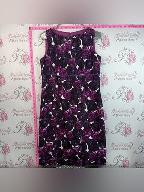 Tahari Dress 100% silk roses flowers floral Purple & Black Floral Midi Dress